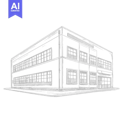 Aset desain premium: A detailed perspective sketch depicting a modern building facade corne