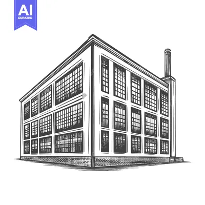 Aset desain premium: Architectural illustration of a large industrial building with many wi