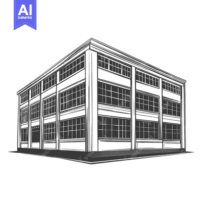 Aset desain premium: A perspective line drawing of an industrial style building