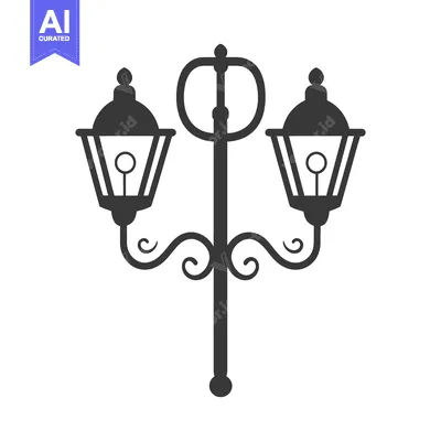 Aset desain premium: A black illustration shows an ornamental lamp post with two lights