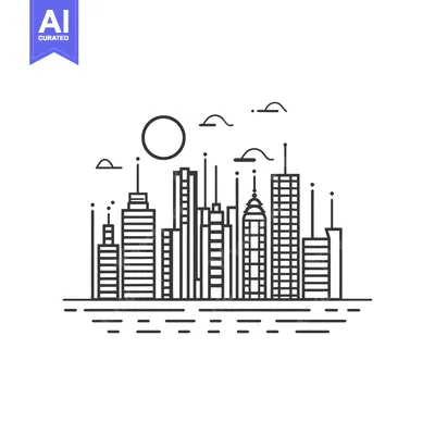 Aset desain premium: Line Art City Skyline with Sun and Clouds