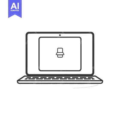 Aset desain premium: Line art drawing of a laptop with a chair icon on the screen