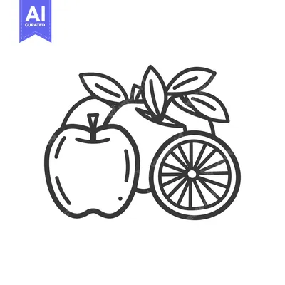 Aset desain premium: Line art drawing of an apple, an orange, and leaves