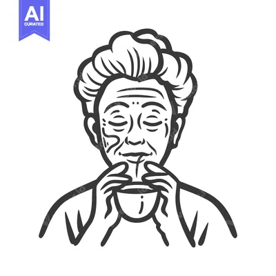 Aset desain premium: Line art drawing of an elderly person drinking from a cup