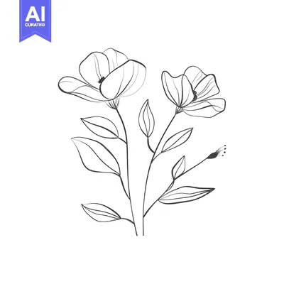 Premium design asset: Line Art Drawing of Two Flowers with Leaves and a Bud