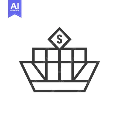 Premium design asset: Line art icon depicting a cargo ship carrying a dollar sign