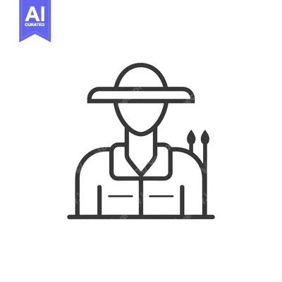 Aset premium populer: Line art icon of a person wearing a hat and holding paintbrushes