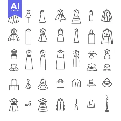 Aset premium populer: Line art icons depicting clothing items and accessories
