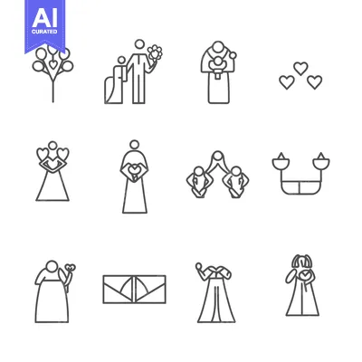 Aset premium populer: Line Art Icons Depicting Love, Romance, and Marriage