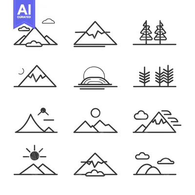 Popular premium asset: Line Art Icons Depicting Mountains, Trees, and the Sun