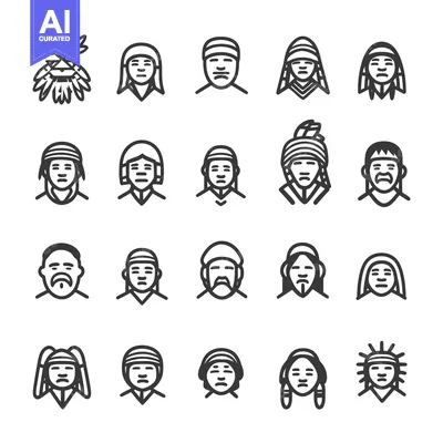 Aset desain premium: Line Art Icons Depicting Native American Headdresses and Faces
