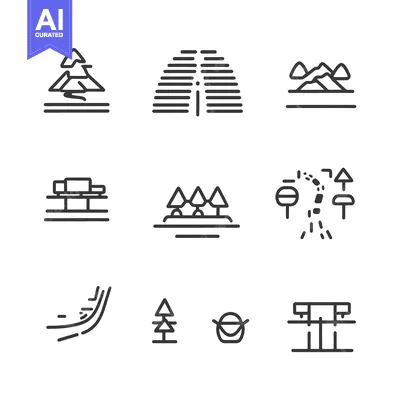 Aset premium populer: Line Art Icons Depicting Nature, Transportation, and Landmarks