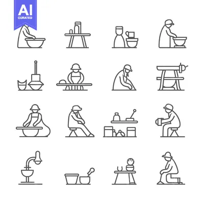 Aset premium populer: Line Art Icons Depicting People Making Pottery
