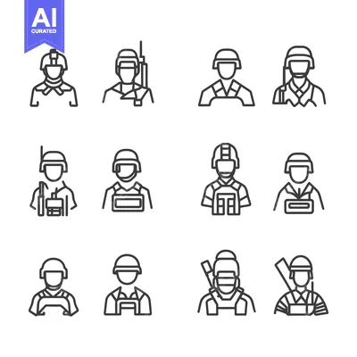 Aset desain premium: Line Art Icons Depicting Soldiers in Different Combat Gear and Poses