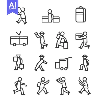 Aset premium populer: Line Art Icons Depicting Travelers with Luggage and Other Travel Items