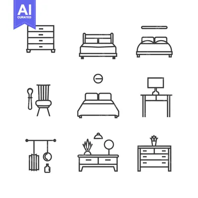 Premium design asset: Line Art Icons Depicting Various Bedroom Furniture and Accessories