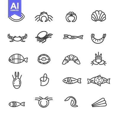 Aset desain premium: Line Art Icons Depicting Various Sea Creatures and Shellfish