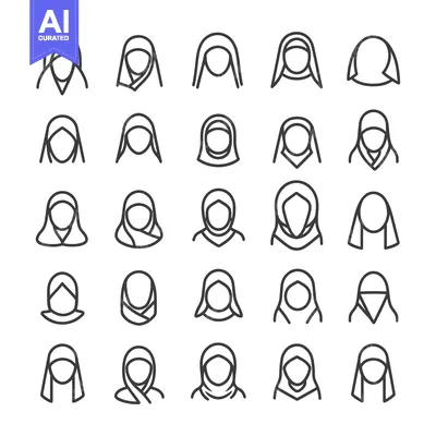 Aset desain premium: Line Art Icons Depicting Women Wearing Hijabs