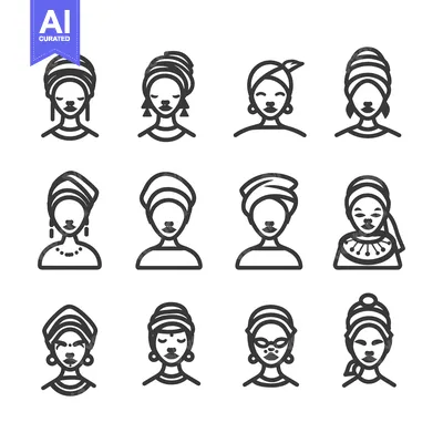 Line Art Icons of Black Women with Headwraps