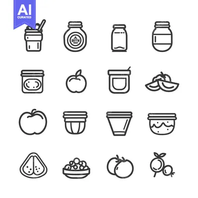 Aset premium populer: Line Art Icons of Glass Jars and Various Fruits
