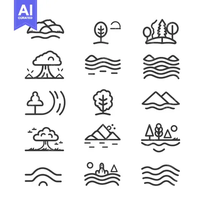 Line Art Icons of Landscapes with Water, Mountains, Trees, and the Sun