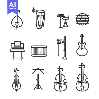 Aset premium populer: Line Art Icons of Musical Instruments and Accessories