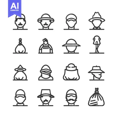 Aset premium populer: Line Art Icons of People Wearing Various Hats and Bags