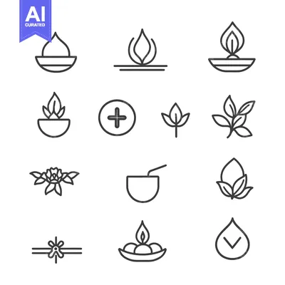 Aset desain premium: Line Art Icons of Plants, Flowers, and Candles