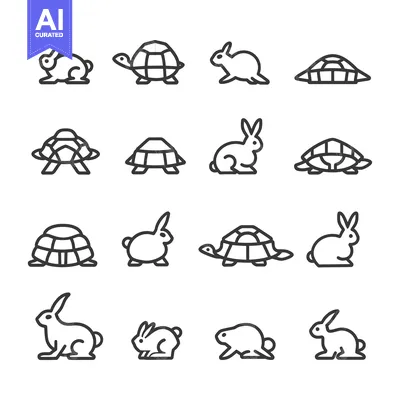 Premium design asset: Line art icons of rabbits and turtles in various positions
