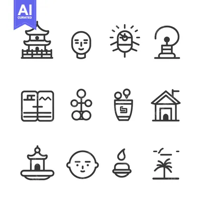 Aset premium populer: Line Art Icons of Traditional Asian and Cultural Elements