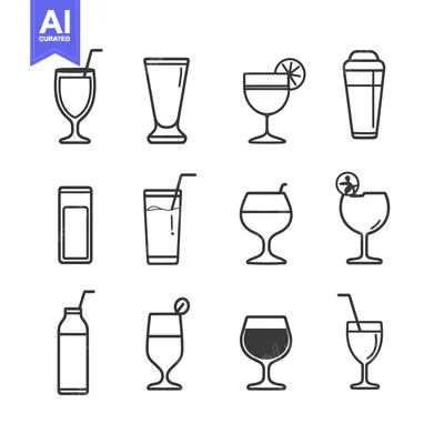 Aset desain premium: Line Art Icons of Various Drinkware with Straws and Garnishes