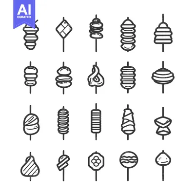 Aset premium populer: Line Art Icons of Various Skewers with Different Toppings