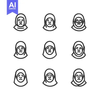 Premium design asset: Line Art Icons of Women Wearing Hijabs with Different Facial Expressio