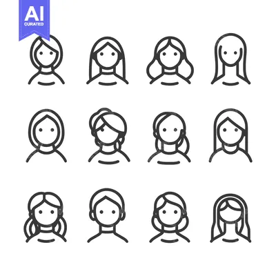 Aset desain premium: Line art icons of women with various hairstyles