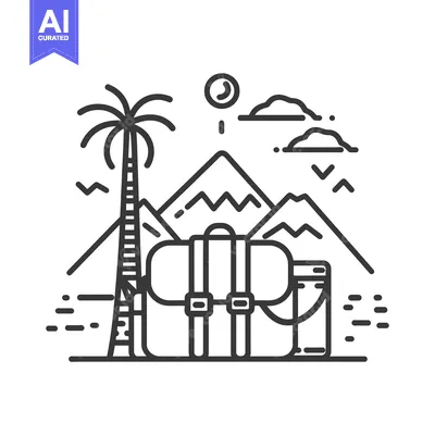 Aset premium populer: Line Art Illustration of a Backpack, Mountains, and Palm Tree