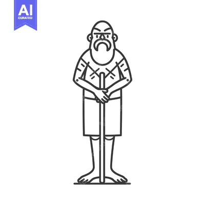 Aset desain premium: Line Art Illustration of a Bald, Bearded Man Holding a Stick