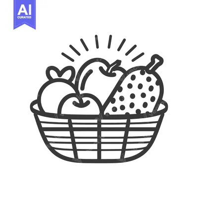 Line Art Illustration of a Basket of Fruits