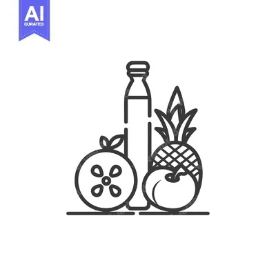 Aset premium populer: Line Art Illustration of a Bottle, Apple, and Pineapple