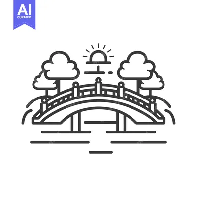 Aset desain premium: Line Art Illustration of a Bridge with Trees and a Sun