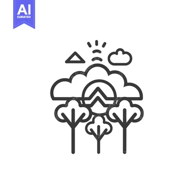 Aset desain premium: Line art illustration of a camping tent under a cloudy sky with trees