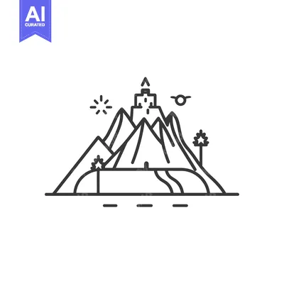 Aset desain premium: Line Art Illustration of a Castle on a Mountaintop with a Sun and Star