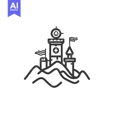 Line art illustration of a castle with flags and a flame on a hilltop