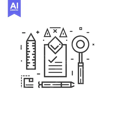 Aset desain premium: Line art illustration of a checklist with pencil, ruler, and magnifyin