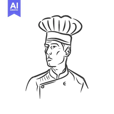 Line Art Illustration of a Chef Wearing a Tall Hat