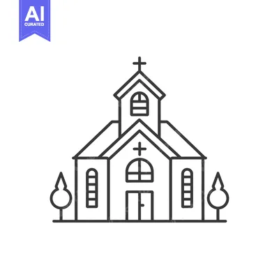 Aset desain premium: Line Art Illustration of a Church Building with Crosses and Trees