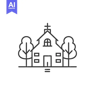 Premium design asset: Line Art Illustration of a Church with Trees