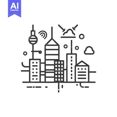 Premium design asset: Line Art Illustration of a Cityscape with a Cloud and Wifi Symbol