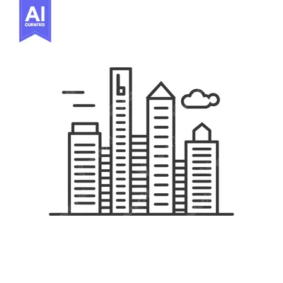 Premium design asset: Line Art Illustration of a Cityscape with Buildings and a Cloud