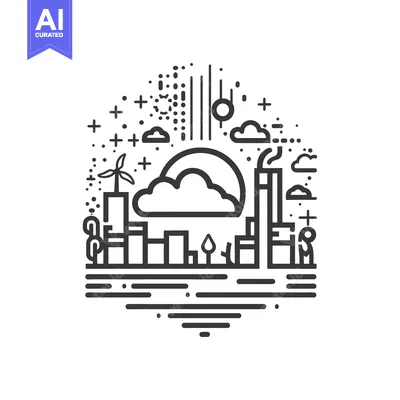 Line Art Illustration of a Cityscape with Wind Turbine, Clouds, and Sm