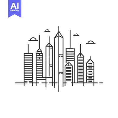 Aset premium populer: Line Art Illustration of a City Skyline with Skyscrapers and Clouds